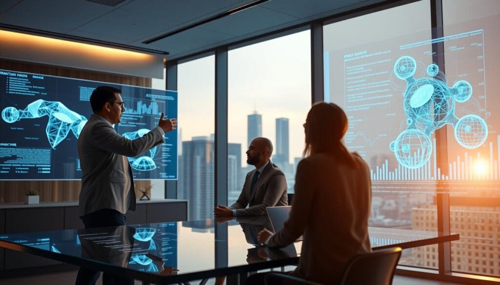 A sleek, modern financial advisory office, with generative AI models projected onto large holographic displays. In the foreground, a financial advisor gestures towards the AI-generated visualizations, explaining intricate investment strategies to a couple seated across a glass-topped desk. Mid-ground, the office is bathed in warm, directional lighting, creating a sense of authority and professionalism. In the background, the city skyline is visible through floor-to-ceiling windows, emphasizing the high-tech, forward-thinking nature of the advisory service. The overall atmosphere conveys trust, innovation, and a seamless integration of human expertise and artificial intelligence. A sleek, modern financial advisory office, with generative AI models projected onto large holographic displays. In the foreground, a financial advisor gestures towards the AI-generated visualizations, explaining intricate investment strategies to a couple seated across a glass-topped desk. Mid-ground, the office is bathed in warm, directional lighting, creating a sense of authority and professionalism. In the background, the city skyline is visible through floor-to-ceiling windows, emphasizing the high-tech, forward-thinking nature of the advisory service. The overall atmosphere conveys trust, innovation, and a seamless integration of human expertise and artificial intelligence.