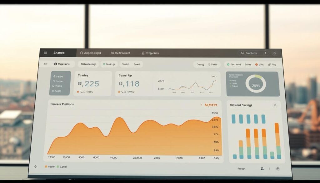 A sleek, modern financial dashboard with a clean, minimalist interface. In the foreground, a large graph displays projections for retirement savings and income, rendered in warm, natural tones. The middle ground features interactive controls and data visualizations, all neatly organized to provide a comprehensive overview of the user's financial situation. In the background, a serene, blurred cityscape suggests the tool's broader context within retirement planning. The lighting is soft and diffused, creating a sense of professionalism and trustworthiness. The camera angle is slightly elevated, giving the impression of a well-designed, user-friendly experience.