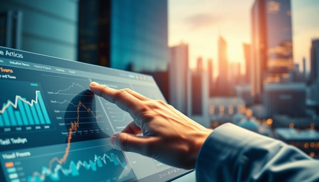 A sleek, modern financial platform interface with a clean, minimalist design. In the foreground, a user interacts with a dashboard displaying financial data and insights, their fingers gliding effortlessly across a high-resolution touchscreen. The middle ground showcases intuitive navigation menus and customizable visualization tools, all bathed in warm, natural lighting that creates a sense of clarity and focus. In the background, a softly blurred cityscape with towering skyscrapers suggests the platform's integration with real-world financial markets. The overall mood is one of efficiency, user-centric design, and a seamless blend of technology and finance. A sleek, modern financial platform interface with a clean, minimalist design. In the foreground, a user interacts with a dashboard displaying financial data and insights, their fingers gliding effortlessly across a high-resolution touchscreen. The middle ground showcases intuitive navigation menus and customizable visualization tools, all bathed in warm, natural lighting that creates a sense of clarity and focus. In the background, a softly blurred cityscape with towering skyscrapers suggests the platform's integration with real-world financial markets. The overall mood is one of efficiency, user-centric design, and a seamless blend of technology and finance.