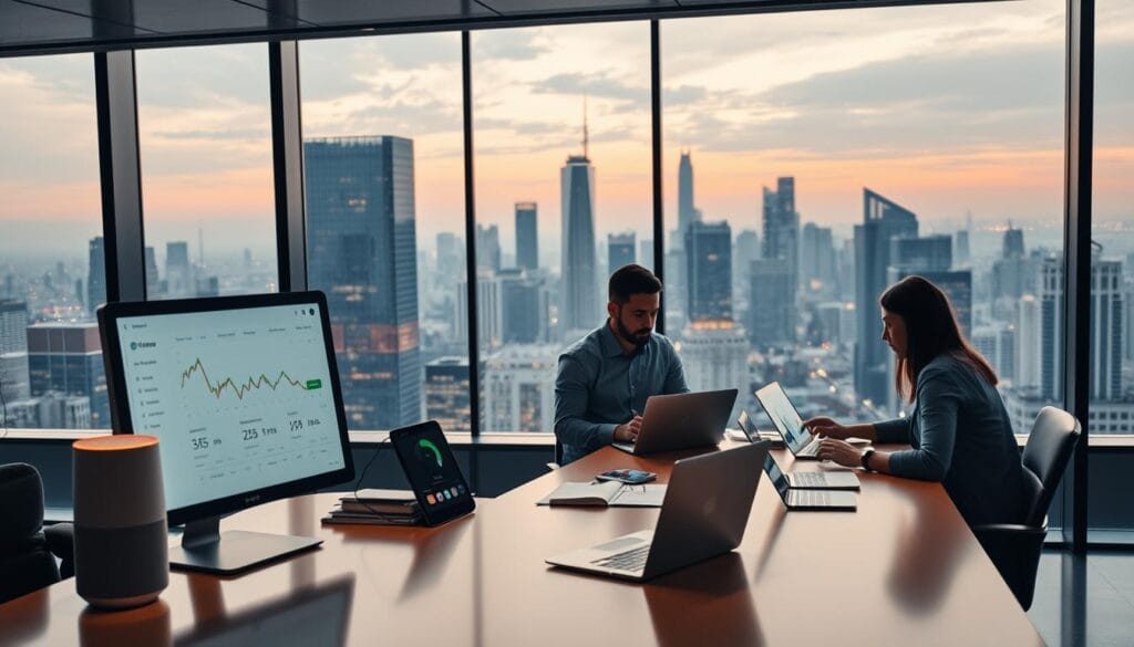 A sleek, modern fintech workspace with a panoramic view of a bustling city skyline. In the foreground, a stylish desk displays a touchscreen monitor, smart home assistant, and a minimalist financial dashboard. The middle ground features a team of professionals collaborating on a goal-based savings platform, reviewing charts and graphs on their laptops. The background showcases the latest financial automation tools, including AI-powered investment algorithms and seamless mobile banking apps. Warm, ambient lighting creates a productive and forward-thinking atmosphere, reflecting the cutting-edge nature of this goal-based savings technology.