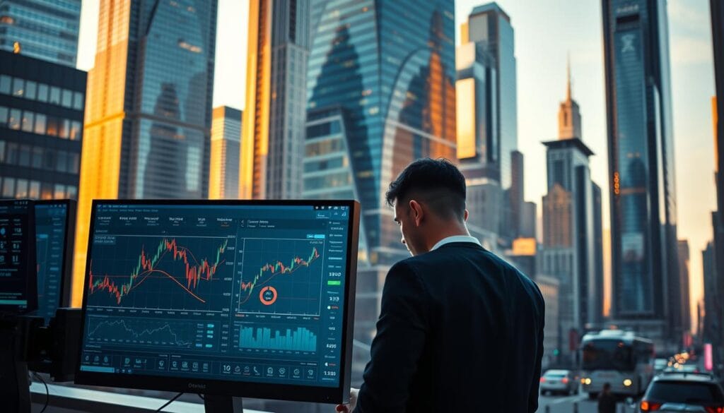A sleek, modern futures trading platform interface, set against a backdrop of a bustling financial district. In the foreground, a high-resolution display shows real-time market data, with intuitive trading tools and analytics. The middle ground features a professional trader, intently focused on their dual-screen setup, making informed decisions. The background showcases the towering skyscrapers of a vibrant city, bathed in warm, golden light, conveying a sense of dynamism and opportunity. The overall mood is one of sophistication, efficiency, and the power of technology to empower savvy traders in the fast-paced world of futures markets. A sleek, modern futures trading platform interface, set against a backdrop of a bustling financial district. In the foreground, a high-resolution display shows real-time market data, with intuitive trading tools and analytics. The middle ground features a professional trader, intently focused on their dual-screen setup, making informed decisions. The background showcases the towering skyscrapers of a vibrant city, bathed in warm, golden light, conveying a sense of dynamism and opportunity. The overall mood is one of sophistication, efficiency, and the power of technology to empower savvy traders in the fast-paced world of futures markets.
