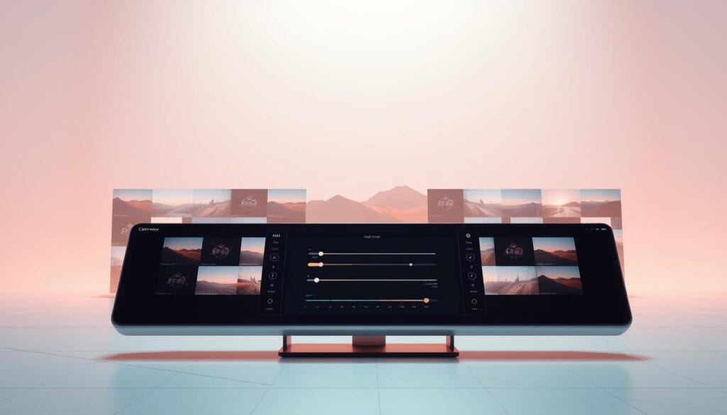 A sleek, modern interface for the Midjourney AI image generator, bathed in a soft, pastel glow. In the foreground, a central command panel with intuitive controls and sliders, allowing for precise adjustments to the generated image. Behind it, a grid of thumbnail previews, each showcasing the potential of the AI's artistic capabilities. The background is a minimalist expanse, with subtle geometric patterns and a gentle, ethereal ambiance, creating a sense of focus and inspiration. The overall composition exudes a sense of seamless integration between human and machine, inviting the user to explore the boundless creative possibilities of this powerful AI art tool.