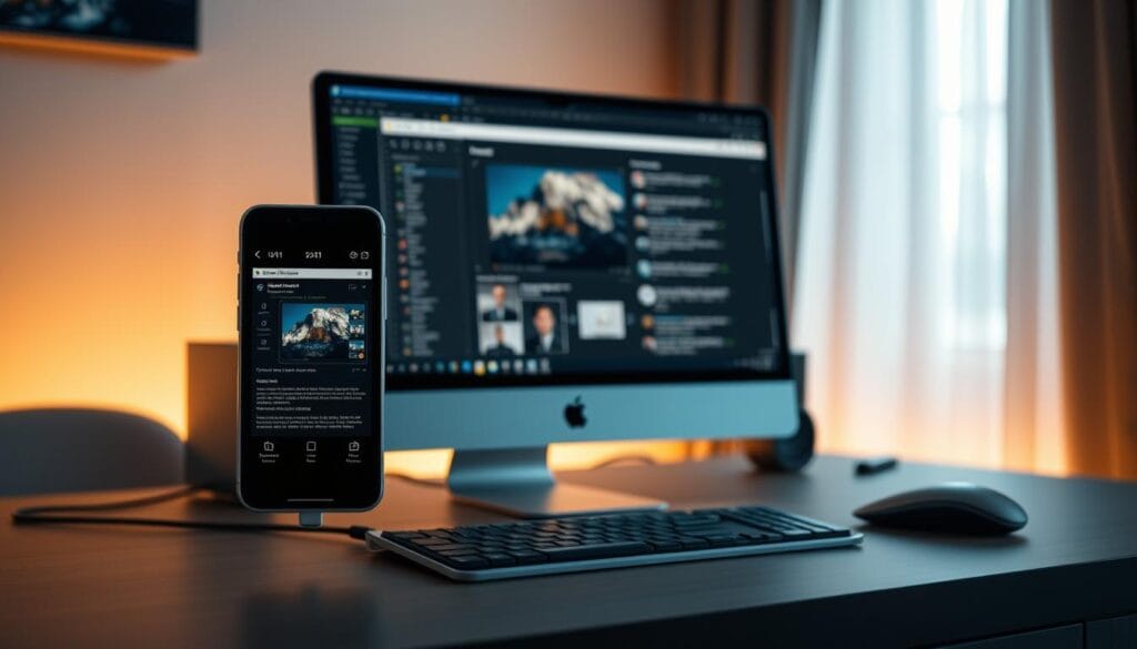 A sleek, modern mobile device prominently displayed, seamlessly integrating with a desktop computer setup. The mobile screen mirrors content from the desktop, showcasing a sophisticated AI-powered interface. Ambient lighting casts a soft, warm glow, creating a sense of harmony between the two devices. The arrangement conveys a professional, yet approachable atmosphere, hinting at the seamless collaboration between mobile and desktop platforms, facilitated by advancements in artificial intelligence.