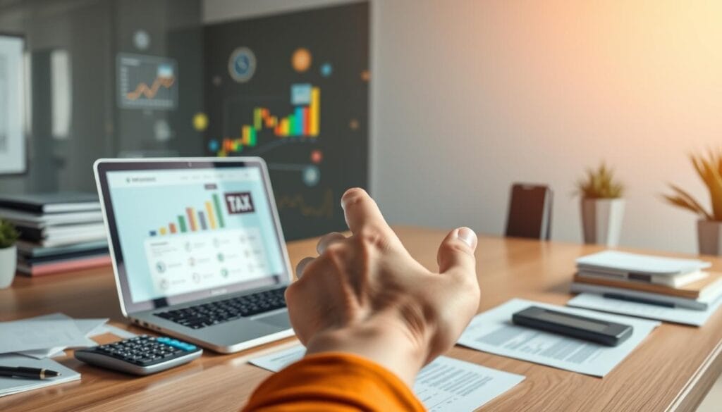 A sleek, modern office desk with a laptop, calculator, and various tax-related documents. In the foreground, a hand gestures towards the laptop screen, showcasing a digital tax software interface with clear guarantees and assurances. The background is a stylized visualization of financial data, with colorful graphs and charts floating in a minimalist, well-lit space. The overall mood is one of confidence, professionalism, and transparency, reflecting the trustworthiness of the tax software.
