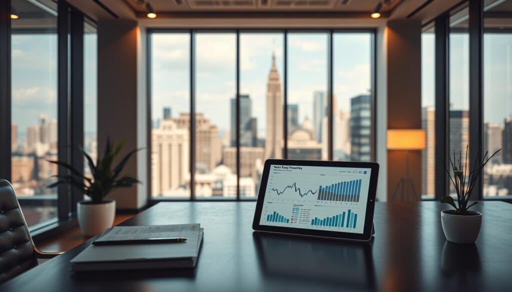 A sleek, modern office interior, bathed in warm, directional lighting from overhead fixtures. In the foreground, a neatly organized desk features a laptop, a few meticulously placed documents, and a stylized potted plant. On the desk, a tablet displays intricate financial charts and graphs illustrating the complex tax implications of trust fund management. In the middle ground, floor-to-ceiling windows overlook a bustling city skyline, creating a sense of financial authority and responsibility. The atmosphere is one of professionalism, attention to detail, and a clear understanding of the nuanced fiscal considerations involved in trust fund planning and administration.