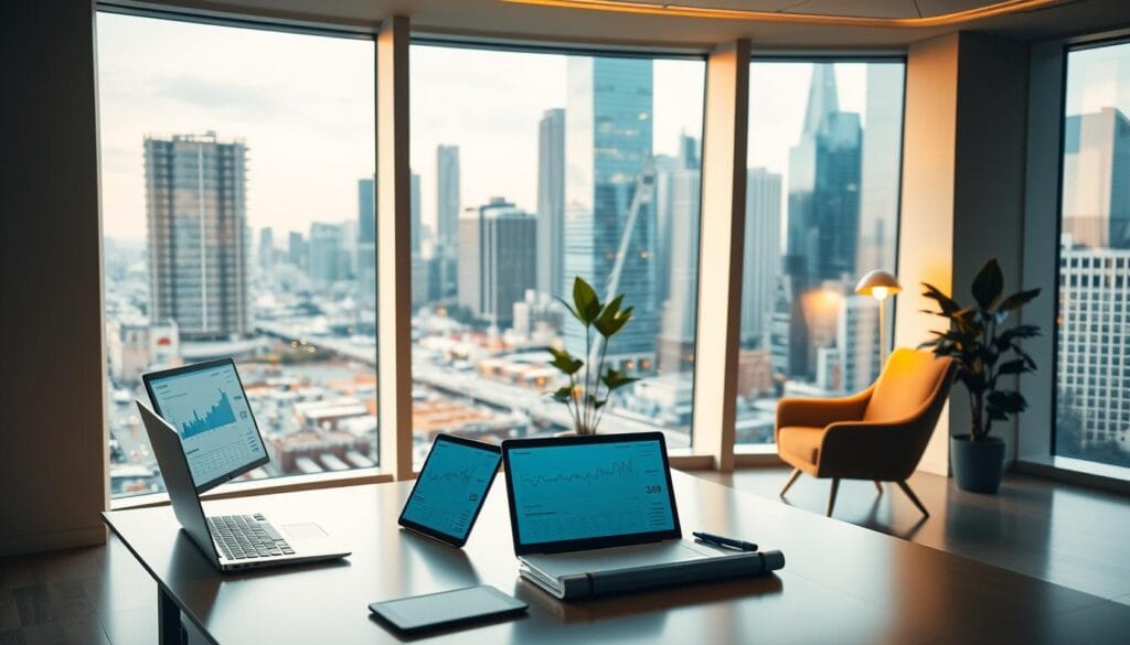 A sleek, modern office interior with a large, curved glass window overlooking a bustling cityscape. In the foreground, a stylish executive desk features a laptop, a tablet, and various financial analytics dashboards displayed on the screens. Warm, directional lighting casts a soft glow, illuminating the scene. In the middle ground, a mid-century modern armchair sits beside a potted plant, creating a cozy, yet professional atmosphere. The background showcases the cityscape, with skyscrapers and modern architecture visible through the glass. The overall tone is one of technological sophistication, financial control, and a sense of calm productivity. A sleek, modern office interior with a large, curved glass window overlooking a bustling cityscape. In the foreground, a stylish executive desk features a laptop, a tablet, and various financial analytics dashboards displayed on the screens. Warm, directional lighting casts a soft glow, illuminating the scene. In the middle ground, a mid-century modern armchair sits beside a potted plant, creating a cozy, yet professional atmosphere. The background showcases the cityscape, with skyscrapers and modern architecture visible through the glass. The overall tone is one of technological sophistication, financial control, and a sense of calm productivity.