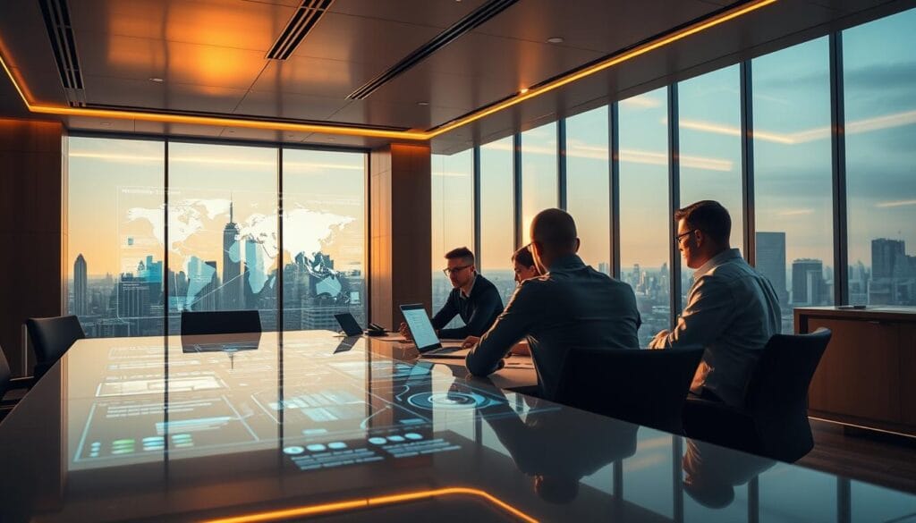 A sleek, modern office interior with a team of data scientists and AI consultants collaborating at a large conference table. Warm, directional lighting illuminates the space, casting subtle shadows and creating a professional, analytical ambiance. The consultants appear focused, engaged in discussions and analysis, surrounded by holographic displays and infographics showcasing complex data visualizations. In the background, a panoramic city skyline can be seen through floor-to-ceiling windows, hinting at the global reach and impact of the AI consulting services offered. The overall atmosphere conveys a sense of innovation, problem-solving, and the transformative power of artificial intelligence. A sleek, modern office interior with a team of data scientists and AI consultants collaborating at a large conference table. Warm, directional lighting illuminates the space, casting subtle shadows and creating a professional, analytical ambiance. The consultants appear focused, engaged in discussions and analysis, surrounded by holographic displays and infographics showcasing complex data visualizations. In the background, a panoramic city skyline can be seen through floor-to-ceiling windows, hinting at the global reach and impact of the AI consulting services offered. The overall atmosphere conveys a sense of innovation, problem-solving, and the transformative power of artificial intelligence.