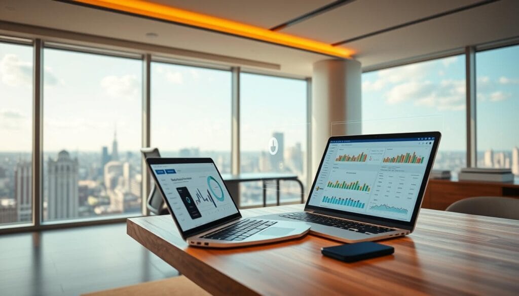 A sleek, modern office interior with expansive windows overlooking a dynamic cityscape. In the foreground, a wooden desk hosts a laptop displaying a detailed expense report, the screen filled with colorful charts and graphs. Beside the laptop, a smartphone projects a holographic user interface, showcasing AI-powered expense tracking features. The middle ground features an ergonomic office chair and a minimalist desk organizer. The background is bathed in soft, warm lighting that accentuates the clean lines and neutral tones of the space, creating a sense of efficiency and technological sophistication. A sleek, modern office interior with expansive windows overlooking a dynamic cityscape. In the foreground, a wooden desk hosts a laptop displaying a detailed expense report, the screen filled with colorful charts and graphs. Beside the laptop, a smartphone projects a holographic user interface, showcasing AI-powered expense tracking features. The middle ground features an ergonomic office chair and a minimalist desk organizer. The background is bathed in soft, warm lighting that accentuates the clean lines and neutral tones of the space, creating a sense of efficiency and technological sophistication.