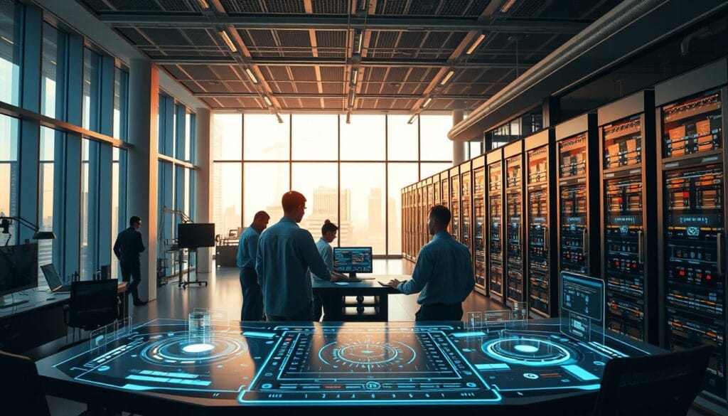 A sleek, modern office interior with floor-to-ceiling windows bathed in warm, natural lighting. In the foreground, a team of developers collaborating on futuristic holographic displays, seamlessly integrating legacy systems with cutting-edge cloud infrastructure. The middle ground features a central command console, its dashboard displaying real-time performance metrics and AI-driven insights. In the background, towering server racks hum with activity, the backbone of the company's digitally transformed operations. An atmosphere of innovation, efficiency, and a sense of breaking free from the constraints of outdated legacy systems. A sleek, modern office interior with floor-to-ceiling windows bathed in warm, natural lighting. In the foreground, a team of developers collaborating on futuristic holographic displays, seamlessly integrating legacy systems with cutting-edge cloud infrastructure. The middle ground features a central command console, its dashboard displaying real-time performance metrics and AI-driven insights. In the background, towering server racks hum with activity, the backbone of the company's digitally transformed operations. An atmosphere of innovation, efficiency, and a sense of breaking free from the constraints of outdated legacy systems.