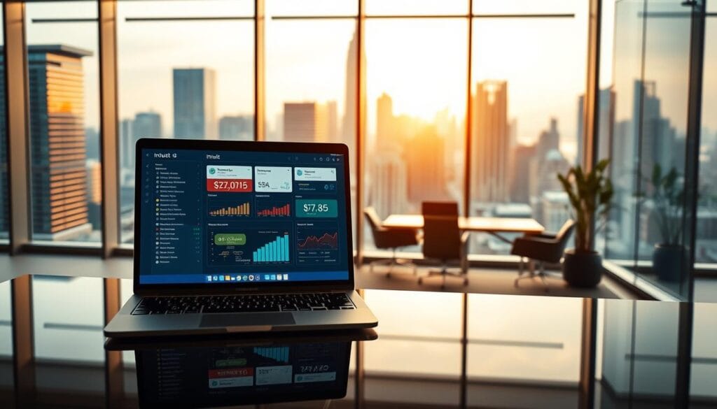 A sleek, modern office interior with floor-to-ceiling windows overlooking a bustling city skyline. In the foreground, a glossy black desk showcases a laptop displaying Intuit's signature financial software interface, its intuitive design and vibrant data visualizations illuminating the screen. The middle ground features stylish office furniture and decor, conveying a sense of innovative, tech-savvy productivity. The background is bathed in warm, natural lighting, casting a glow over the scene and creating a sophisticated, forward-thinking atmosphere. The overall composition emphasizes Intuit's position as a leader in financial technology, seamlessly blending cutting-edge software and a visually compelling, design-forward workspace.