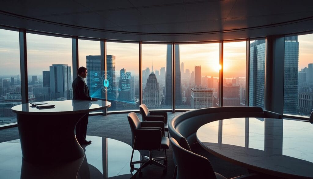 A sleek, modern office interior with floor-to-ceiling windows overlooking a bustling financial district. In the foreground, a well-dressed wealth management professional stands at a curved, minimalist desk, intently focused on a holographic display projected before them. The middle ground features rows of ergonomic chairs, a curved sofa, and a marble meeting table, all bathed in soft, diffused lighting. In the background, the cityscape beyond the windows is visible, with towering skyscrapers and the faint glow of the setting sun. The overall atmosphere conveys a sense of technological sophistication, efficiency, and cutting-edge innovation in the realm of personal finance. A sleek, modern office interior with floor-to-ceiling windows overlooking a bustling financial district. In the foreground, a well-dressed wealth management professional stands at a curved, minimalist desk, intently focused on a holographic display projected before them. The middle ground features rows of ergonomic chairs, a curved sofa, and a marble meeting table, all bathed in soft, diffused lighting. In the background, the cityscape beyond the windows is visible, with towering skyscrapers and the faint glow of the setting sun. The overall atmosphere conveys a sense of technological sophistication, efficiency, and cutting-edge innovation in the realm of personal finance.