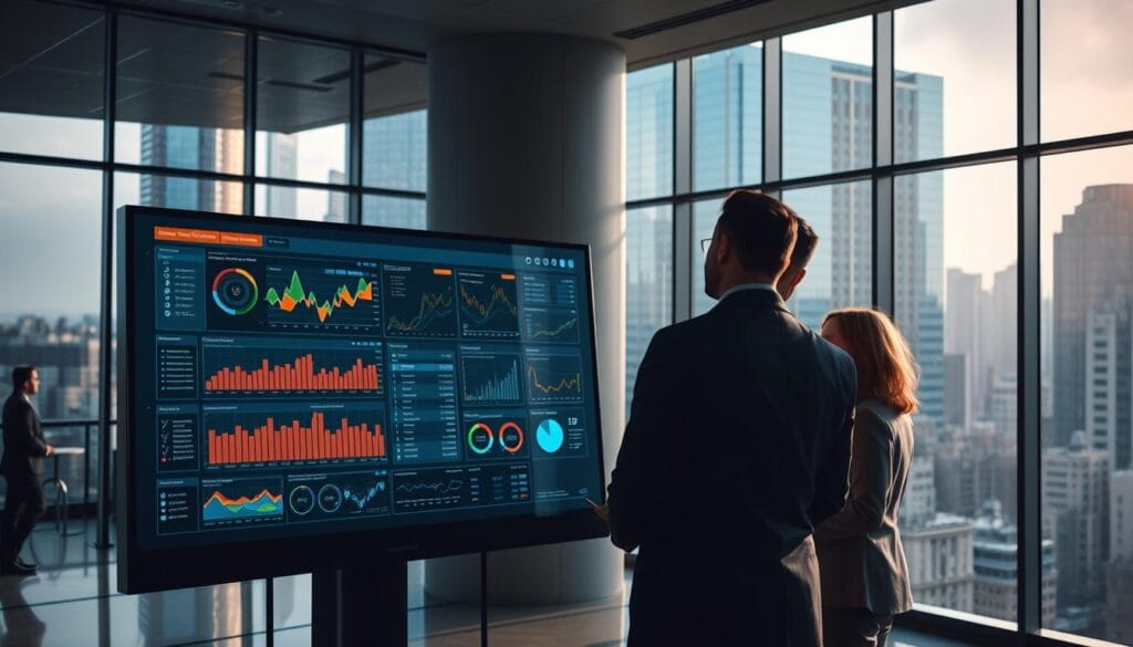A sleek, modern office interior with floor-to-ceiling windows overlooking a bustling financial district. In the foreground, a large interactive display panel shows a complex data visualization, with colorful graphs, charts, and analytics dashboards. A group of finance professionals are intently studying the display, their expressions focused and contemplative. Soft, directional lighting casts dramatic shadows, creating a sense of depth and dynamism. The overall mood is one of technological sophistication, data-driven decision making, and the pursuit of financial insights. The scene conveys the power of predictive analytics to forecast risks and guide strategic investment decisions. A sleek, modern office interior with floor-to-ceiling windows overlooking a bustling financial district. In the foreground, a large interactive display panel shows a complex data visualization, with colorful graphs, charts, and analytics dashboards. A group of finance professionals are intently studying the display, their expressions focused and contemplative. Soft, directional lighting casts dramatic shadows, creating a sense of depth and dynamism. The overall mood is one of technological sophistication, data-driven decision making, and the pursuit of financial insights. The scene conveys the power of predictive analytics to forecast risks and guide strategic investment decisions.
