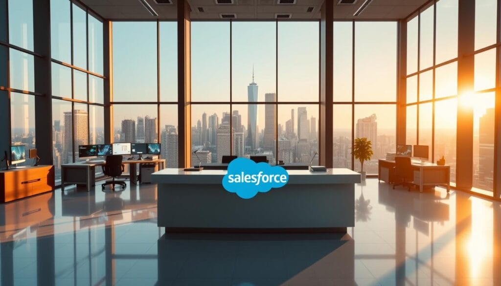 A sleek, modern office interior with large windows and abundant natural light. In the center, a prominent desk with the Salesforce logo prominently displayed, surrounded by an array of colorful data visualizations and dashboards on computer screens. In the background, a skyline of a bustling city, symbolizing Salesforce's dominance in the CRM market. The scene is bathed in a warm, professional glow, conveying Salesforce's position as the undisputed leader in the industry, trusted by enterprises worldwide.