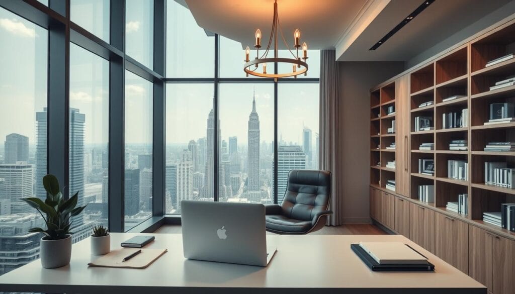 A sleek, modern office interior with large windows overlooking a bustling city skyline. In the foreground, a well-appointed desk with a laptop, stylish desk accessories, and a potted plant. The middle ground features a comfortable leather chair and a sleek, minimalist bookshelf filled with finance-related books and documents. Overhead, a modern chandelier casts a warm, ambient glow. The color palette is a harmonious blend of grays, whites, and natural wood tones, exuding a sense of professionalism and wealth management expertise. The overall scene conveys a sophisticated, technology-driven approach to financial planning and asset management. A sleek, modern office interior with large windows overlooking a bustling city skyline. In the foreground, a well-appointed desk with a laptop, stylish desk accessories, and a potted plant. The middle ground features a comfortable leather chair and a sleek, minimalist bookshelf filled with finance-related books and documents. Overhead, a modern chandelier casts a warm, ambient glow. The color palette is a harmonious blend of grays, whites, and natural wood tones, exuding a sense of professionalism and wealth management expertise. The overall scene conveys a sophisticated, technology-driven approach to financial planning and asset management.