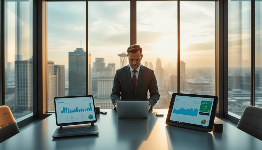 A sleek, modern office interior with large windows overlooking a city skyline. Sitting on a minimalist desk are several smart devices and screens displaying personalized finance dashboards, budgeting graphs, and expense tracking visualizations. Ambient lighting creates a warm, productive atmosphere as a professional, well-dressed individual interacts with the AI-powered tools, reviewing their personal finance insights and making informed decisions. The scene conveys an effortless, intuitive experience of using next-generation AI assistants to optimize one's financial wellbeing.