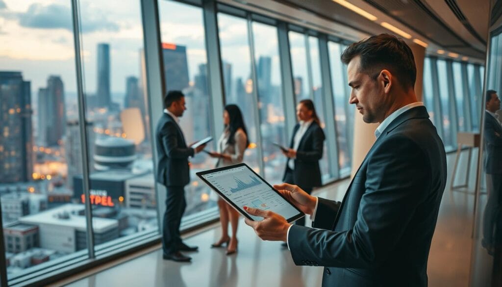 A sleek, modern office interior with large windows overlooking a vibrant city skyline. In the foreground, a well-dressed business executive is reviewing financial reports on a tablet, surrounded by intuitive digital interfaces and seamless payment systems. In the middle ground, a diverse team of professionals collaborates effortlessly, their tasks and transactions integrated across various platforms. The background depicts a bustling urban landscape, symbolizing the interconnectedness and convenience of embedded finance solutions that empower businesses to thrive in the digital age. Warm lighting, clean lines, and a sense of efficiency and productivity permeate the scene.