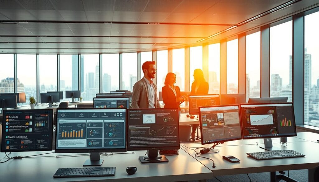 A sleek, modern office interior with streamlined workstations and a minimalist aesthetic. In the foreground, an array of intuitive AI automation tools are prominently displayed on the desktops, including intelligent task organizers, predictive analytics dashboards, and natural language processing interfaces. The middle ground features entrepreneurs and professionals collaborating seamlessly, their faces alight with excitement as they leverage the AI tools to boost their productivity and earnings. The background showcases a panoramic skyline through floor-to-ceiling windows, evoking a sense of technological progress and limitless potential. Warm, balanced lighting complements the clean, efficient design, creating an atmosphere of innovation and profitable opportunity.