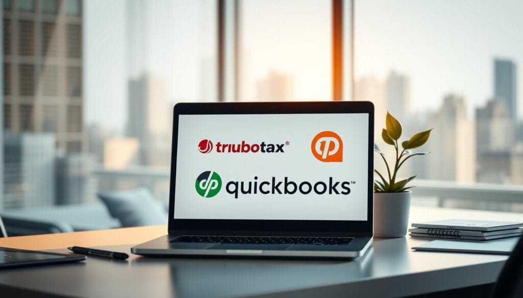 A sleek, modern office scene with a laptop displaying the TurboTax and QuickBooks logos, seamlessly integrated on the screen. The laptop is situated on a minimalist desk, surrounded by neatly organized office supplies and a potted plant, basking in warm, directional lighting that casts subtle shadows. The background features a blurred city skyline, hinting at the professional environment. The overall mood is one of efficiency, organization, and the seamless integration of essential business tools. A sleek, modern office scene with a laptop displaying the TurboTax and QuickBooks logos, seamlessly integrated on the screen. The laptop is situated on a minimalist desk, surrounded by neatly organized office supplies and a potted plant, basking in warm, directional lighting that casts subtle shadows. The background features a blurred city skyline, hinting at the professional environment. The overall mood is one of efficiency, organization, and the seamless integration of essential business tools.