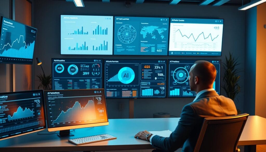A sleek, modern office setting featuring a diverse array of AI-powered tools and dashboards on multiple displays. In the foreground, a powerful analytics platform visualizes revenue trends and optimization opportunities. In the middle ground, an AI-driven chatbot interface engages with customers, while in the background, machine learning models churn through data, identifying patterns and insights. The lighting is warm and professional, with a minimalist, high-tech aesthetic. The angle is a dynamic, three-quarter view, capturing the synergy between human and artificial intelligence working in harmony to drive business growth.