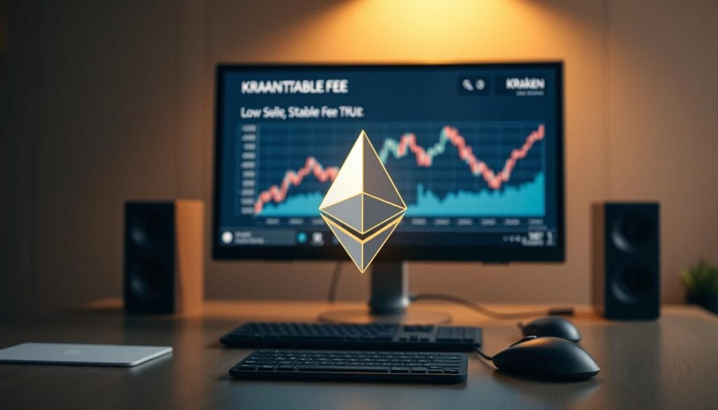 A sleek, modern office setting with a desk featuring a desktop computer, keyboard, and mouse. In the foreground, a stylized cryptocurrency symbol (e.g., Bitcoin, Ethereum) hovers, its facets glowing softly. The background features a large monitor displaying a minimalist chart or graph with low, stable fee information. Warm, directional lighting casts subtle shadows, creating a sense of depth and professionalism. The overall mood is one of efficiency, security, and trust - reflecting the reliable, low-cost trading experience provided by Kraken.