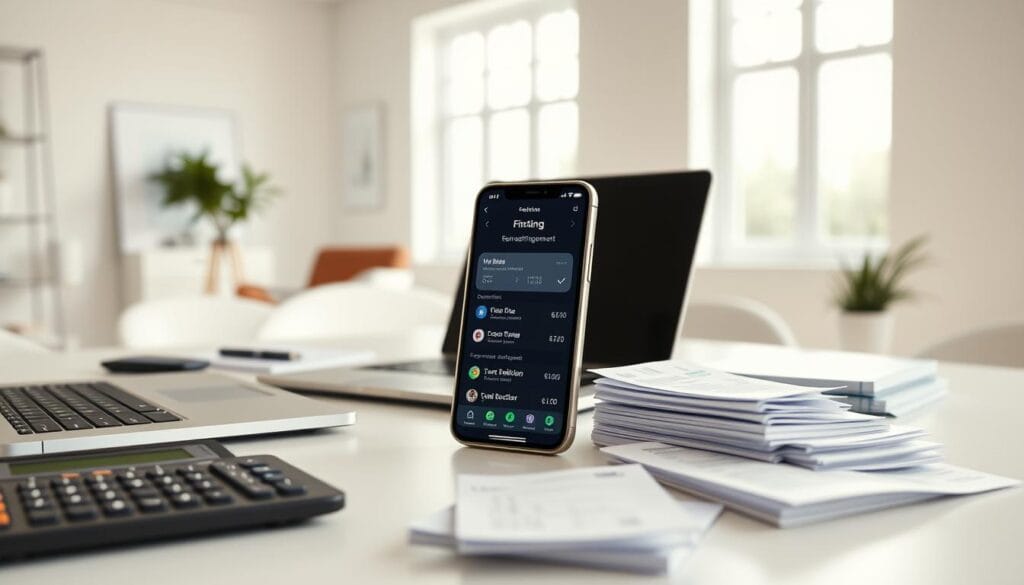 A sleek, modern office setting with a desk featuring a laptop, a tablet, and various financial planning tools. In the foreground, there are a calculator, a digital calendar, and a stack of neatly organized receipts. The middle ground showcases a well-designed mobile app interface displaying budget tracking, expense management, and tax-deduction features. The background depicts a minimalist, airy room with large windows, allowing natural light to fill the space. The overall mood is one of efficiency, organization, and a focus on financial well-being for the self-employed professional. A sleek, modern office setting with a desk featuring a laptop, a tablet, and various financial planning tools. In the foreground, there are a calculator, a digital calendar, and a stack of neatly organized receipts. The middle ground showcases a well-designed mobile app interface displaying budget tracking, expense management, and tax-deduction features. The background depicts a minimalist, airy room with large windows, allowing natural light to fill the space. The overall mood is one of efficiency, organization, and a focus on financial well-being for the self-employed professional.