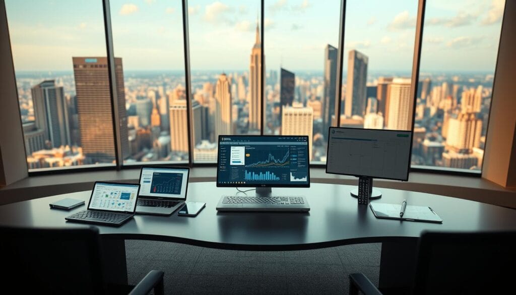 A sleek, modern office setting with a large, curved desk showcasing various AI-powered business productivity tools. The foreground features a laptop, a tablet, and a smartphone, each displaying intuitive interfaces and data visualizations. The middle ground includes a virtual assistant, an AI-powered calendar, and a collaborative whiteboard. In the background, a panoramic window offers a view of a bustling city skyline, bathed in warm, natural lighting. The overall atmosphere conveys a sense of efficiency, innovation, and the seamless integration of AI into the workflow of a thriving business. A sleek, modern office setting with a large, curved desk showcasing various AI-powered business productivity tools. The foreground features a laptop, a tablet, and a smartphone, each displaying intuitive interfaces and data visualizations. The middle ground includes a virtual assistant, an AI-powered calendar, and a collaborative whiteboard. In the background, a panoramic window offers a view of a bustling city skyline, bathed in warm, natural lighting. The overall atmosphere conveys a sense of efficiency, innovation, and the seamless integration of AI into the workflow of a thriving business.