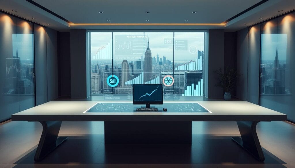 A sleek, modern office setting with a large desk and a minimalist, tech-forward aesthetic. On the desk, a holographic display projects personalized financial data and risk analysis, with various charts, graphs, and metrics floating in the air. The lighting is soft and indirect, creating a sense of focus and professionalism. In the background, a panoramic window overlooks a vibrant cityscape, suggesting the scale and impact of the AI-powered financial assessments. The overall mood is one of precision, technology, and personalized financial empowerment. A sleek, modern office setting with a large desk and a minimalist, tech-forward aesthetic. On the desk, a holographic display projects personalized financial data and risk analysis, with various charts, graphs, and metrics floating in the air. The lighting is soft and indirect, creating a sense of focus and professionalism. In the background, a panoramic window overlooks a vibrant cityscape, suggesting the scale and impact of the AI-powered financial assessments. The overall mood is one of precision, technology, and personalized financial empowerment.