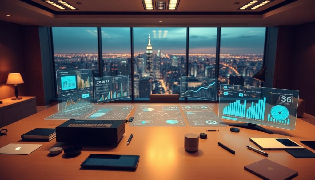A sleek, modern office setting with a large desk featuring an array of AI-powered financial management tools. On the desk, there are holographic displays showcasing interactive visualizations of budgets, investments, and financial forecasts. The room is bathed in warm, indirect lighting, creating a professional and sophisticated atmosphere. In the background, a panoramic window offers a view of a vibrant city skyline, reflecting the cutting-edge technology at work. The desk is littered with various input devices, including a voice-controlled assistant, touchscreen interfaces, and a smart stylus, emphasizing the advanced, AI-driven nature of the financial management tools. A sleek, modern office setting with a large desk featuring an array of AI-powered financial management tools. On the desk, there are holographic displays showcasing interactive visualizations of budgets, investments, and financial forecasts. The room is bathed in warm, indirect lighting, creating a professional and sophisticated atmosphere. In the background, a panoramic window offers a view of a vibrant city skyline, reflecting the cutting-edge technology at work. The desk is littered with various input devices, including a voice-controlled assistant, touchscreen interfaces, and a smart stylus, emphasizing the advanced, AI-driven nature of the financial management tools.