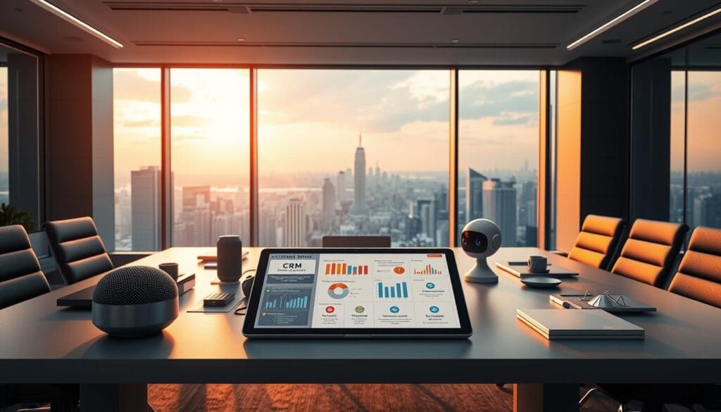 A sleek, modern office setting with a large desk showcasing various AI-powered CRM automation tools. In the foreground, a tablet display highlights real-time customer data analytics, lead scoring, and automated workflow customization. Surrounding the desk, a variety of smart devices, such as a voice-controlled assistant and an intelligent chatbot, illustrate the seamless integration of AI into the customer relationship management process. The middle ground features a panoramic window overlooking a vibrant cityscape, bathed in warm, natural lighting that reflects the professionalism and efficiency of the AI-driven CRM solutions. The background subtly suggests the broader technological landscape, with subtle hints of emerging AI trends and innovations.