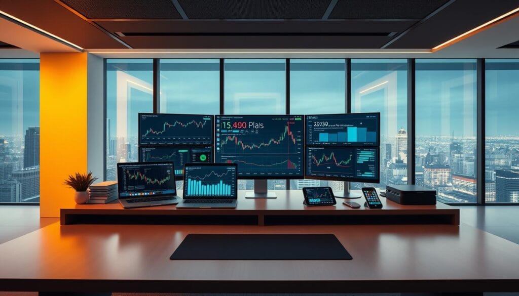 A sleek, modern office setting with a large desk showcasing various AI-powered investment tools. On the desk, there are several digital displays and devices, including a laptop, tablet, and smartphone, all displaying data visualizations, stock charts, and portfolio analytics. The lighting is warm and indirect, creating a professional yet inviting atmosphere. In the background, a large window offers a panoramic view of a bustling city skyline, symbolizing the global reach of these AI-driven investment strategies. The overall composition conveys a sense of technological sophistication and the power of data-driven decision-making for retail investors. A sleek, modern office setting with a large desk showcasing various AI-powered investment tools. On the desk, there are several digital displays and devices, including a laptop, tablet, and smartphone, all displaying data visualizations, stock charts, and portfolio analytics. The lighting is warm and indirect, creating a professional yet inviting atmosphere. In the background, a large window offers a panoramic view of a bustling city skyline, symbolizing the global reach of these AI-driven investment strategies. The overall composition conveys a sense of technological sophistication and the power of data-driven decision-making for retail investors.