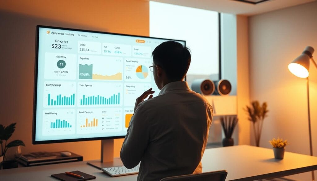 A sleek, modern office setting with a large, high-resolution display showcasing a dynamic expense tracking dashboard. The display features intuitive data visualizations, interactive charts, and real-time updates on personal spending across various categories. Warm, diffused lighting illuminates the scene, creating a sense of productivity and efficiency. The user, represented by a minimalist human silhouette, is engrossed in the display, making thoughtful gestures as they analyze their financial data. The background is a clean, minimalist workspace with subtle technological accents, emphasizing the integration of AI-powered expense tracking into everyday personal finance management. A sleek, modern office setting with a large, high-resolution display showcasing a dynamic expense tracking dashboard. The display features intuitive data visualizations, interactive charts, and real-time updates on personal spending across various categories. Warm, diffused lighting illuminates the scene, creating a sense of productivity and efficiency. The user, represented by a minimalist human silhouette, is engrossed in the display, making thoughtful gestures as they analyze their financial data. The background is a clean, minimalist workspace with subtle technological accents, emphasizing the integration of AI-powered expense tracking into everyday personal finance management.