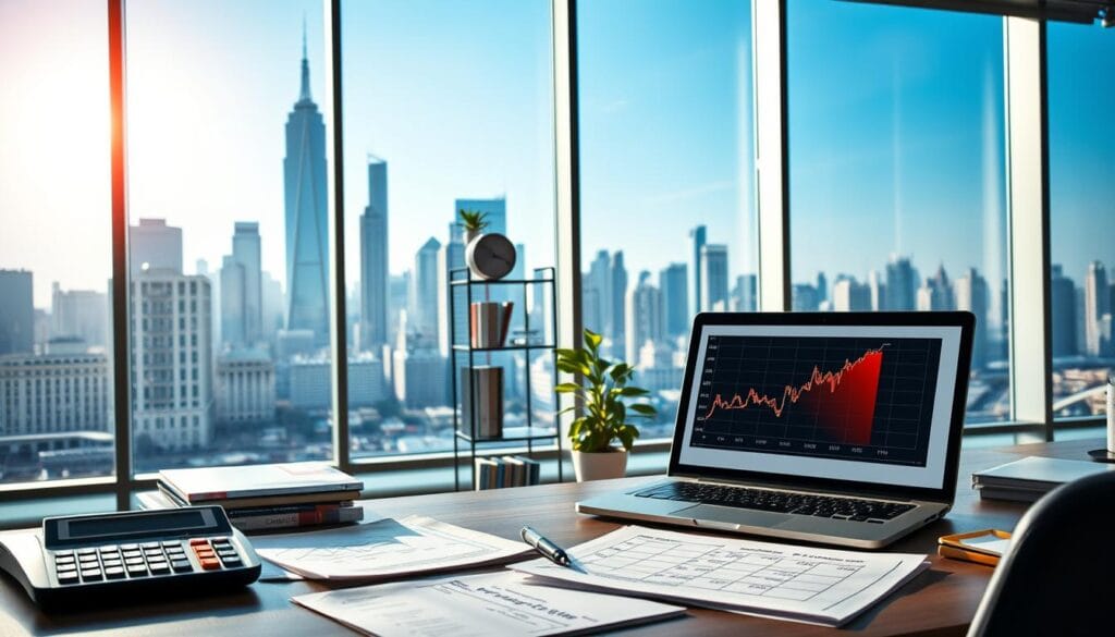 A sleek, modern office setting with a large window overlooking a bustling city skyline. In the foreground, a desk is adorned with a calculator, a stack of financial documents, and a laptop displaying a graph showing capital gains. The lighting is bright and natural, casting a warm glow over the scene. The middle ground features a bookshelf filled with finance-related books, and a potted plant adds a touch of greenery. In the background, the cityscape is visible, with skyscrapers and streets bustling with activity, conveying the sense of a thriving financial center. The overall atmosphere is one of productivity, financial acumen, and the importance of understanding capital gains tax in the world of cryptocurrency.
