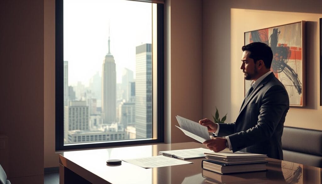 A sleek, modern office setting with a large window overlooking a bustling city skyline. In the foreground, a well-dressed professional stands at a desk, carefully reviewing legal documents related to AI-generated art sales. The lighting is warm and natural, casting a soft glow over the scene. The walls are adorned with abstract, AI-generated artwork, hinting at the subject matter. The atmosphere conveys a sense of diligence, expertise, and the careful navigation of the legal landscape surrounding this emerging creative field. A sleek, modern office setting with a large window overlooking a bustling city skyline. In the foreground, a well-dressed professional stands at a desk, carefully reviewing legal documents related to AI-generated art sales. The lighting is warm and natural, casting a soft glow over the scene. The walls are adorned with abstract, AI-generated artwork, hinting at the subject matter. The atmosphere conveys a sense of diligence, expertise, and the careful navigation of the legal landscape surrounding this emerging creative field.