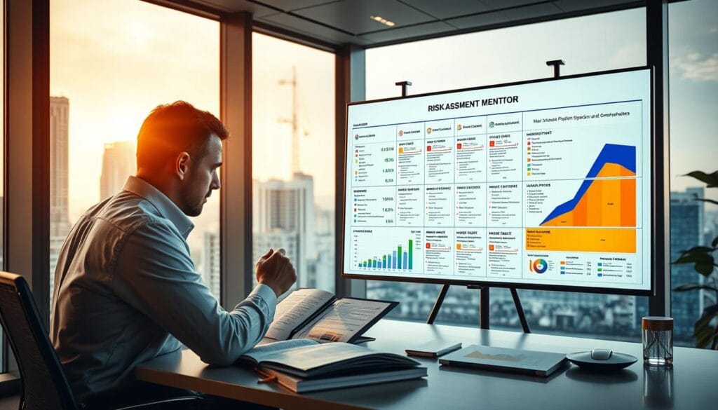 A sleek, modern office setting with a large window overlooking a bustling cityscape. In the foreground, a professional investor reviews financial data on a high-resolution display, deep in concentration. Beside them, a portfolio of investment options is arranged neatly, with charts and graphs visualizing asset performance. The middle ground features a large, interactive whiteboard displaying a comprehensive risk assessment model, with colorful data points and risk indicators. In the background, the office is illuminated by warm, natural lighting, creating a sense of productivity and strategic decision-making. The overall atmosphere conveys the precision and forward-thinking required for effective asset allocation and portfolio management. A sleek, modern office setting with a large window overlooking a bustling cityscape. In the foreground, a professional investor reviews financial data on a high-resolution display, deep in concentration. Beside them, a portfolio of investment options is arranged neatly, with charts and graphs visualizing asset performance. The middle ground features a large, interactive whiteboard displaying a comprehensive risk assessment model, with colorful data points and risk indicators. In the background, the office is illuminated by warm, natural lighting, creating a sense of productivity and strategic decision-making. The overall atmosphere conveys the precision and forward-thinking required for effective asset allocation and portfolio management.