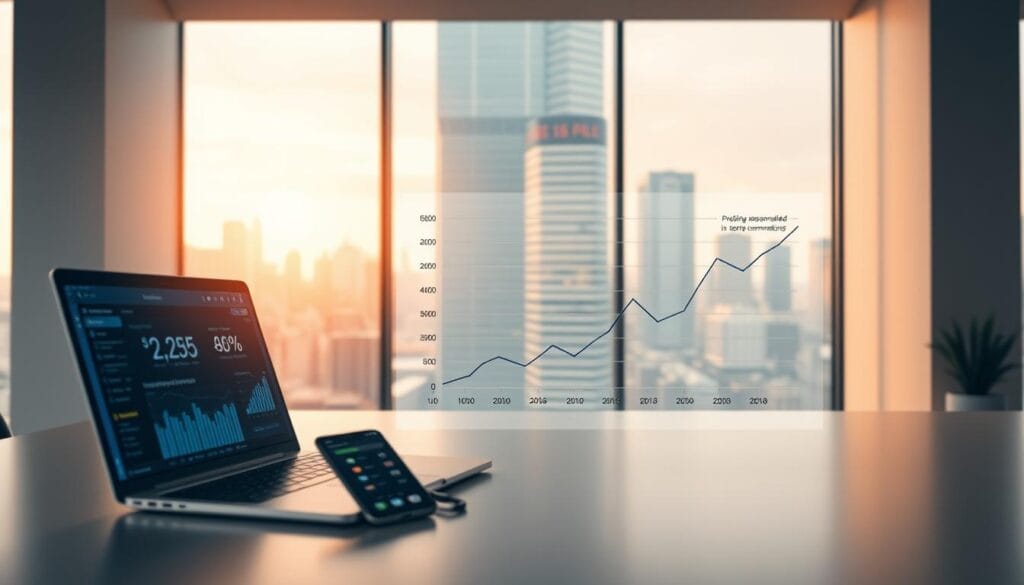 A sleek, modern office setting with a minimalist aesthetic. In the foreground, a desk with a laptop and smartphone displays visualizations of spending data and personalized budget recommendations generated by an advanced AI system. The middle ground features an elegant graph charting income versus expenses, with intelligent insights and tailored guidance. In the background, a large window overlooking a bustling cityscape provides a sense of scale and connectivity. Warm, focused lighting accentuates the clean, professional atmosphere, conveying the power of AI-driven financial analysis.