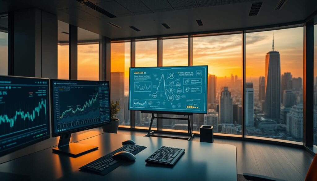 A sleek, modern office setting with high-tech financial displays and analytics dashboards. In the foreground, a desk with a state-of-the-art computer setup, including multiple monitors, a high-end mouse, and a minimalist keyboard. On the screens, real-time stock data, graphs, and AI-powered investment recommendations. The middle ground features a large interactive whiteboard displaying complex algorithms and investment strategies. The background shows floor-to-ceiling windows overlooking a bustling city skyline, bathed in warm, directional lighting from the setting sun. The overall atmosphere conveys a sense of innovation, technological prowess, and the power of AI-driven investment tools. A sleek, modern office setting with high-tech financial displays and analytics dashboards. In the foreground, a desk with a state-of-the-art computer setup, including multiple monitors, a high-end mouse, and a minimalist keyboard. On the screens, real-time stock data, graphs, and AI-powered investment recommendations. The middle ground features a large interactive whiteboard displaying complex algorithms and investment strategies. The background shows floor-to-ceiling windows overlooking a bustling city skyline, bathed in warm, directional lighting from the setting sun. The overall atmosphere conveys a sense of innovation, technological prowess, and the power of AI-driven investment tools.