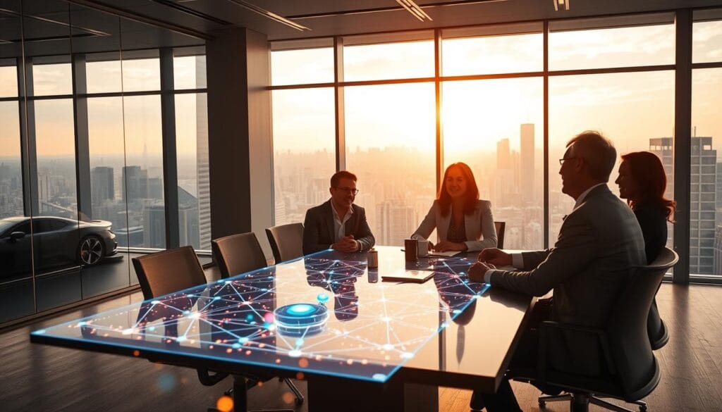 A sleek, modern office space showcasing the potential of blockchain technology for business. In the foreground, a holographic display presents a dynamic visualization of a blockchain network, with nodes and transactions flowing seamlessly. The middle ground features executives in formal attire, gathered around a conference table, engaged in a lively discussion, their expressions conveying excitement and understanding. The background is filled with floor-to-ceiling windows, bathing the scene in warm, natural light and offering a panoramic view of a bustling city skyline, symbolizing the global reach and impact of blockchain innovation. The overall atmosphere is one of innovation, collaboration, and the promise of a transformative future for businesses of all sizes.