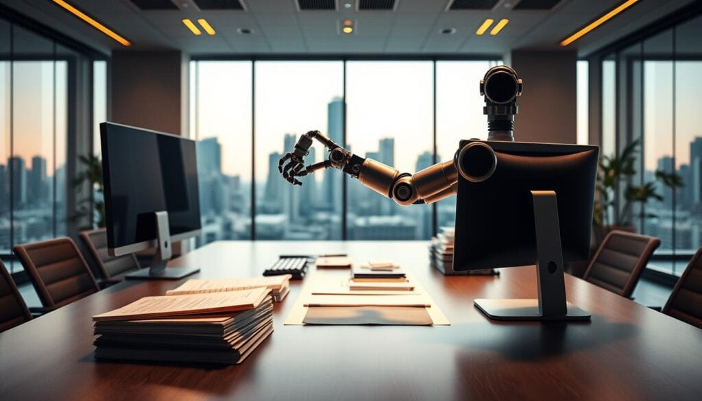 A sleek, modern office space with an imposing desk featuring a state-of-the-art computer setup. In the foreground, a robotic arm effortlessly sorts through paperwork and organizes files, symbolizing the power of AI automation. The background showcases a cityscape through large windows, reflecting the efficiency and progress enabled by cutting-edge technology. Warm, indirect lighting casts a professional, futuristic ambiance, emphasizing the seamless integration of human and machine. The scene conveys a sense of productivity, cost-savings, and a workforce empowered by the latest advancements in artificial intelligence. A sleek, modern office space with an imposing desk featuring a state-of-the-art computer setup. In the foreground, a robotic arm effortlessly sorts through paperwork and organizes files, symbolizing the power of AI automation. The background showcases a cityscape through large windows, reflecting the efficiency and progress enabled by cutting-edge technology. Warm, indirect lighting casts a professional, futuristic ambiance, emphasizing the seamless integration of human and machine. The scene conveys a sense of productivity, cost-savings, and a workforce empowered by the latest advancements in artificial intelligence.
