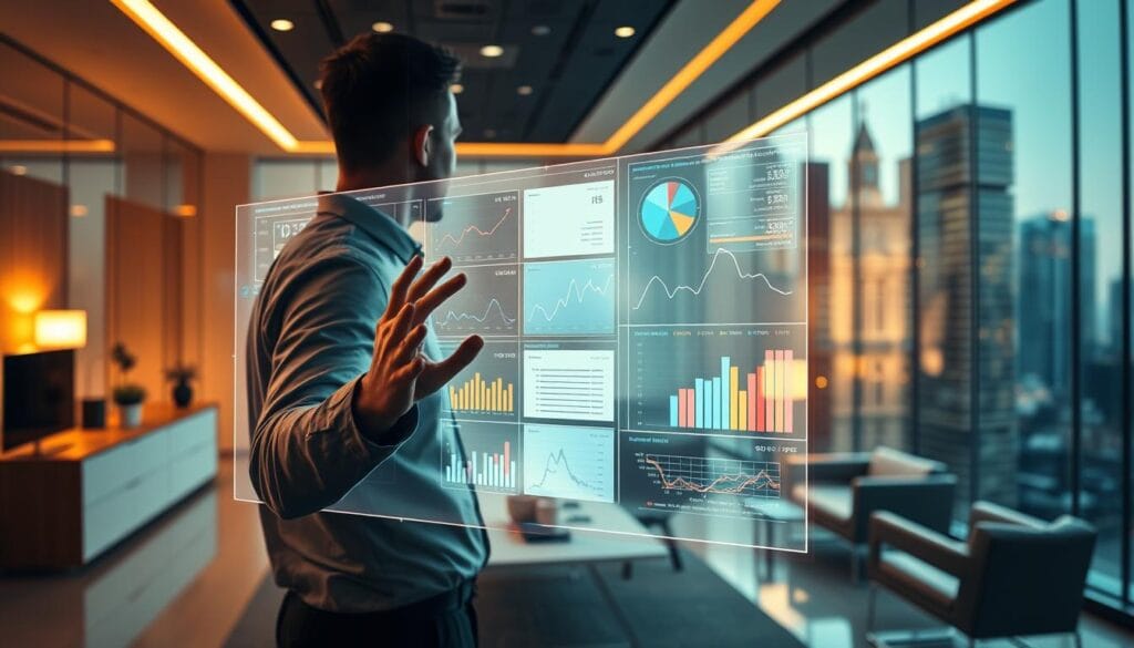 A sleek, modern office workspace with a large holographic display projecting colorful charts, graphs, and financial data. In the foreground, a person gestures intuitively to the display, navigating AI-powered expense tracking software. Warm, indirect lighting casts a soft glow, while the background features minimalist furniture and glass walls overlooking a bustling cityscape. The atmosphere conveys technological sophistication, productivity, and the seamless integration of artificial intelligence into personal finance management. A sleek, modern office workspace with a large holographic display projecting colorful charts, graphs, and financial data. In the foreground, a person gestures intuitively to the display, navigating AI-powered expense tracking software. Warm, indirect lighting casts a soft glow, while the background features minimalist furniture and glass walls overlooking a bustling cityscape. The atmosphere conveys technological sophistication, productivity, and the seamless integration of artificial intelligence into personal finance management.