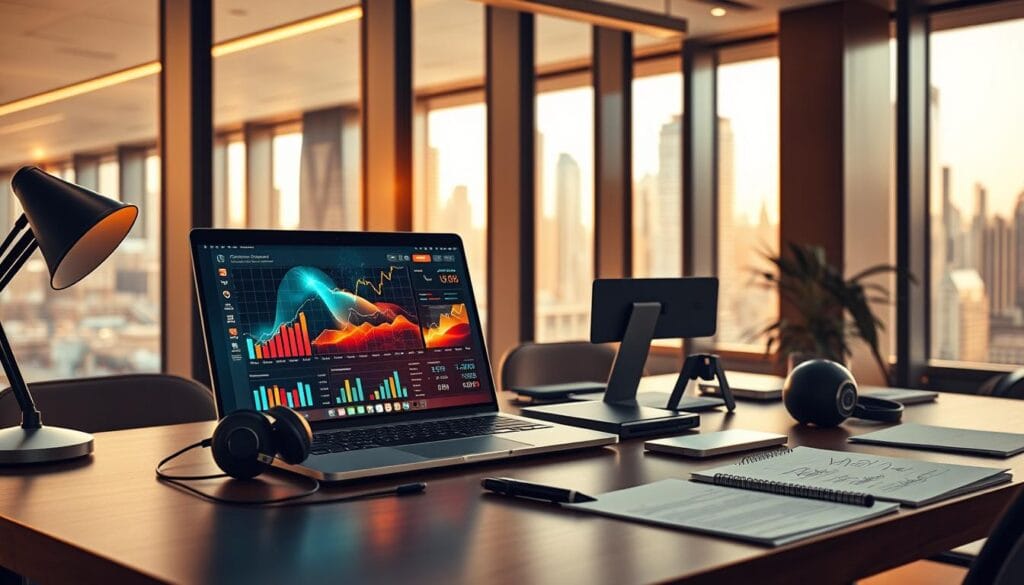 A sleek, modern office workspace with an array of advanced AI-powered tools scattered across the desk. In the foreground, a high-end laptop displays a visually striking financial dashboard, its vibrant graphs and charts hinting at AI-driven insights that boost productivity and earnings. Behind it, an intelligent digital assistant, its holographic interface shimmering, awaits commands. The middle ground features state-of-the-art noise-cancelling headphones, a high-resolution webcam, and a smart pen that captures handwritten notes, seamlessly integrating them into digital workflows. The background shows floor-to-ceiling windows overlooking a dynamic cityscape, bathed in warm, golden lighting that imbues the scene with a sense of prosperity and opportunity.