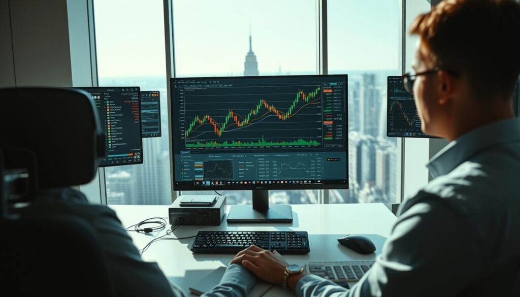 A sleek, modern trading platform interface with a clean, minimalist design. Depicting a large central monitor displaying a real-time stock chart, surrounded by smaller displays showing various financial data and analytics. The lighting is bright and natural, casting a professional atmosphere. The user's desk is neatly organized with a high-end keyboard, mouse, and other trading tools. In the background, a large window overlooks a bustling cityscape, symbolizing the global reach of the platform. The overall aesthetic conveys a sense of precision, efficiency, and technological sophistication for the discerning trader.