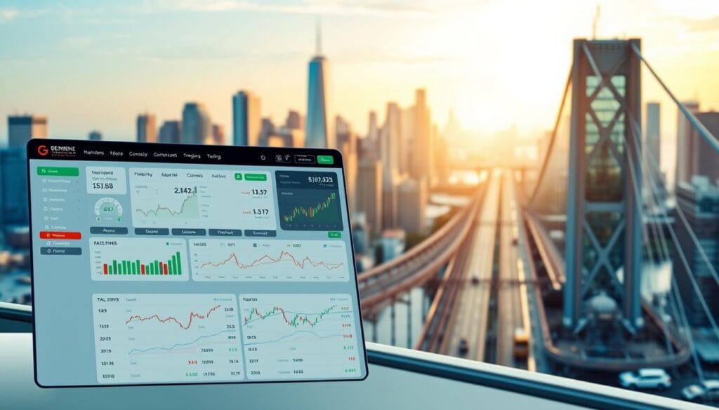 A sleek, modern trading platform with a clean, intuitive interface. In the foreground, a user-friendly dashboard displays real-time stock data, charts, and trading tools. The middle ground features a clean, minimalist design with bold colors and subtle animations, conveying a sense of efficiency and control. In the background, a cityscape of skyscrapers and bridges suggests the global nature of the financial markets, bathed in a warm, golden light that creates a sense of energy and dynamism. The overall mood is one of professionalism, sophistication, and a seamless trading experience.