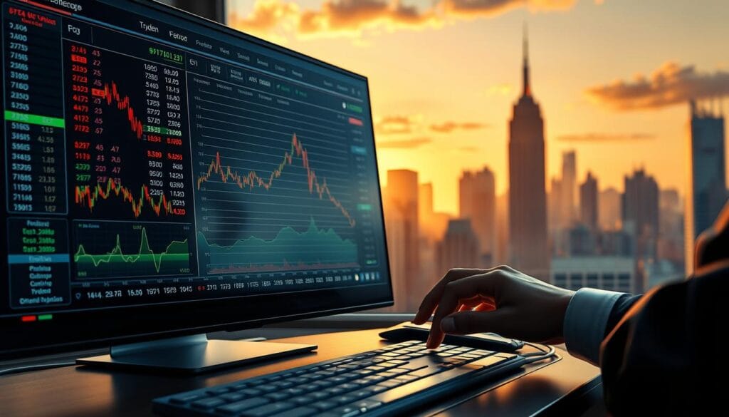 A sleek, modern trading platform with a clean, intuitive interface. The main screen displays real-time stock quotes, market charts, and trading tools against a backdrop of a city skyline bathed in warm, golden light. In the foreground, a trader's hands deftly navigate the platform, placing orders and analyzing data with seamless precision. The overall atmosphere conveys a sense of power, control, and the thrill of high-stakes investing. The crisp, high-definition rendering captures every detail, from the subtle gradients of the user interface to the reflections in the trader's focused gaze.