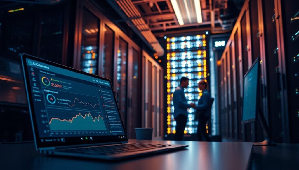 A sleek, modern website with intuitive AI-powered optimization tools. In the foreground, a dashboard display shows real-time analytics and optimization suggestions. The middle ground features a team of data scientists and engineers collaborating on fine-tuning the AI algorithms. In the background, a towering server rack glows with LED lights, symbolizing the powerful computational infrastructure powering the AI systems. The lighting is a combination of warm desktop lighting and cool server room illumination, creating a sophisticated, high-tech atmosphere. The overall mood is one of efficiency, innovation, and the seamless integration of artificial intelligence into the website optimization process. A sleek, modern website with intuitive AI-powered optimization tools. In the foreground, a dashboard display shows real-time analytics and optimization suggestions. The middle ground features a team of data scientists and engineers collaborating on fine-tuning the AI algorithms. In the background, a towering server rack glows with LED lights, symbolizing the powerful computational infrastructure powering the AI systems. The lighting is a combination of warm desktop lighting and cool server room illumination, creating a sophisticated, high-tech atmosphere. The overall mood is one of efficiency, innovation, and the seamless integration of artificial intelligence into the website optimization process.