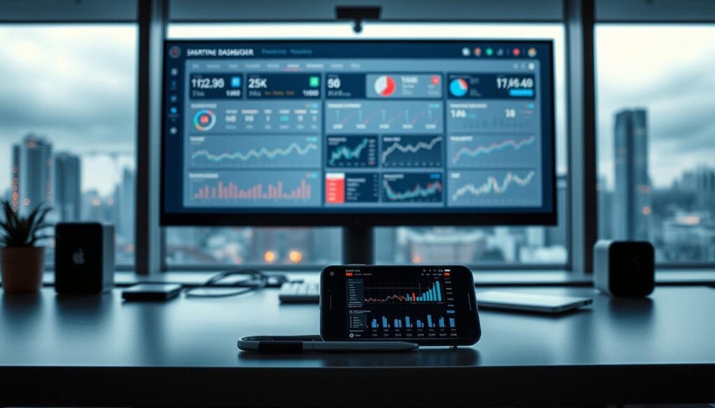 A sleek, modern workspace dominated by a large computer monitor displaying a comprehensive investment dashboard. In the foreground, a smartphone rests on a minimalist desk, its screen showcasing robo-advisor portfolio management tools. Subtle ambient lighting casts a warm glow, creating a sense of focus and efficiency. The middle ground features an array of financial charts, graphs, and analytics, reflecting the automated, data-driven nature of the setup. In the background, a panoramic window offers a cityscape view, symbolizing the global reach and interconnectedness of the digital investing landscape. The overall mood is one of technological sophistication, financial empowerment, and seamless investment management.