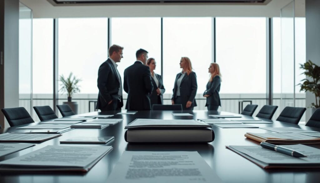 A sleek, professional office setting with a large conference table in the foreground. On the table, various documents, contracts, and legal paperwork are spread out, representing the "AI art licensing agreements" theme. In the middle ground, a group of people in business attire are engaged in a discussion, their faces expressing thoughtful consideration. The background features floor-to-ceiling windows, allowing natural light to fill the space and create a sense of openness and transparency. The overall mood is one of serious deliberation, with a touch of modern, minimalist design aesthetic. A sleek, professional office setting with a large conference table in the foreground. On the table, various documents, contracts, and legal paperwork are spread out, representing the "AI art licensing agreements" theme. In the middle ground, a group of people in business attire are engaged in a discussion, their faces expressing thoughtful consideration. The background features floor-to-ceiling windows, allowing natural light to fill the space and create a sense of openness and transparency. The overall mood is one of serious deliberation, with a touch of modern, minimalist design aesthetic.