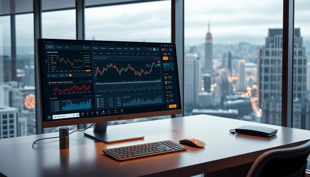 A sleek, ultramodern desktop interface for a cutting-edge futures trading platform. In the foreground, a high-resolution display shows a dynamic, real-time trading dashboard with customizable charts, indicators, and order entry tools. Surrounding it, a minimalist silver and glass workstation with precision-engineered peripherals. Soft ambient lighting casts a warm glow, creating a focused, professional atmosphere. In the background, a panoramic window overlooks a bustling financial district, hinting at the global scale of the trading operations. The entire scene exudes a sense of power, efficiency, and technological sophistication - a seamless blend of human expertise and machine intelligence. A sleek, ultramodern desktop interface for a cutting-edge futures trading platform. In the foreground, a high-resolution display shows a dynamic, real-time trading dashboard with customizable charts, indicators, and order entry tools. Surrounding it, a minimalist silver and glass workstation with precision-engineered peripherals. Soft ambient lighting casts a warm glow, creating a focused, professional atmosphere. In the background, a panoramic window overlooks a bustling financial district, hinting at the global scale of the trading operations. The entire scene exudes a sense of power, efficiency, and technological sophistication - a seamless blend of human expertise and machine intelligence.