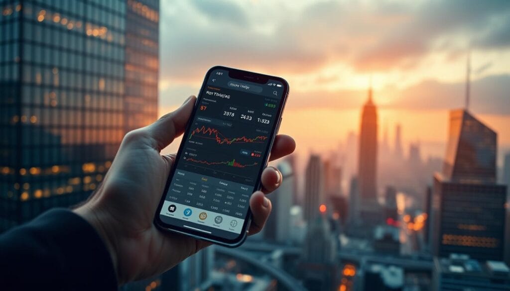 A sleek, user-friendly mobile trading platform takes center stage, its intuitive interface showcasing real-time financial data and seamless order execution. In the foreground, a hand holds a modern, high-resolution smartphone, its screen displaying a comprehensive dashboard of trading options and analytics. The background features a dynamic cityscape, with skyscrapers and financial hubs reflecting the fast-paced, technology-driven world of modern trading. Warm, diffused lighting creates an inviting, professional atmosphere, while a clean, minimalist design emphasizes the platform's efficiency and accessibility. The overall composition conveys the power and convenience of mobile trading, catering to the needs of savvy investors seeking to stay connected and in control of their financial portfolios. A sleek, user-friendly mobile trading platform takes center stage, its intuitive interface showcasing real-time financial data and seamless order execution. In the foreground, a hand holds a modern, high-resolution smartphone, its screen displaying a comprehensive dashboard of trading options and analytics. The background features a dynamic cityscape, with skyscrapers and financial hubs reflecting the fast-paced, technology-driven world of modern trading. Warm, diffused lighting creates an inviting, professional atmosphere, while a clean, minimalist design emphasizes the platform's efficiency and accessibility. The overall composition conveys the power and convenience of mobile trading, catering to the needs of savvy investors seeking to stay connected and in control of their financial portfolios.