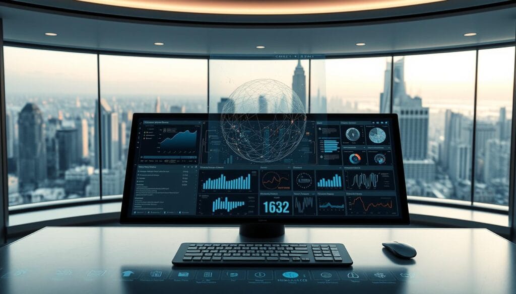 A sleekly designed digital workspace with a modern, minimalist interface. In the foreground, a central touchscreen display showcases an array of AI research and analysis tools, their intuitive icons and menus arrayed in a clean, organized manner. In the middle ground, a holographic projection emanates from the display, visualizing complex data sets and AI model architectures. The background features a seamless panoramic window, revealing a bustling cityscape shimmering in the soft, diffuse light of a late afternoon. The overall atmosphere is one of focused productivity, technological sophistication, and the thrill of pushing the boundaries of human knowledge.