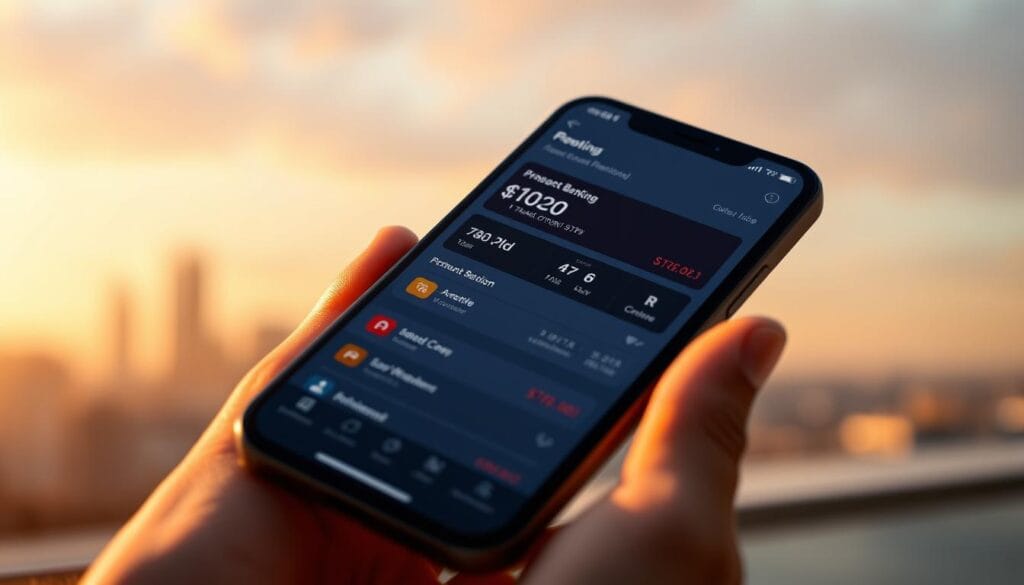 A smartphone screen showcasing a sleek mobile banking interface. Prominent digital banking features like account balances, transaction history, and bill payment options are displayed in a clean, intuitive layout. The screen is bathed in warm, natural lighting, with subtle reflections and depth-of-field effects creating a sense of depth and materiality. In the background, a blurred city skyline or peaceful landscape sets a calming, aspirational tone, conveying the convenience and flexibility of modern mobile banking. A smartphone screen showcasing a sleek mobile banking interface. Prominent digital banking features like account balances, transaction history, and bill payment options are displayed in a clean, intuitive layout. The screen is bathed in warm, natural lighting, with subtle reflections and depth-of-field effects creating a sense of depth and materiality. In the background, a blurred city skyline or peaceful landscape sets a calming, aspirational tone, conveying the convenience and flexibility of modern mobile banking.